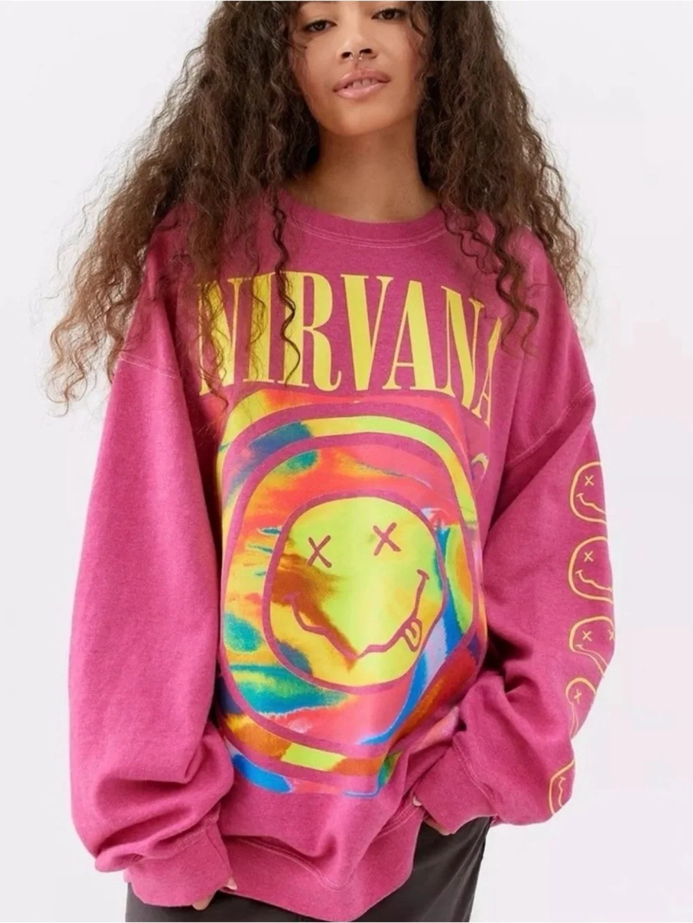 NIRVANA Pink Sweatshirt with Neon Smiley Graphic - Picture 1 of 3